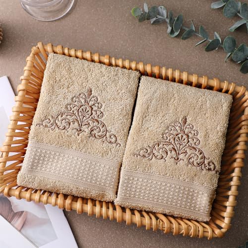 SmoothNovelty 2 Pcs Damascus Hand Towels Brown Farmhouse Bathroom Decor 14x29 Inch Embroidered 100% Cotton Soft Absorbent Spring Summer Decorative Hand Towels for Bathroom Kitchen - style: Damascus