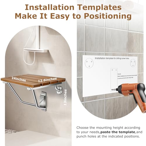 24" Wall Mounted Folding Shower Seat Stainless Steel Frame Space Saving | Teak Foldable Shower Chair for Elderly, Pregnant, Disabled, Kids (Max 500lb) - size: 24 inches Teak Shower Bench