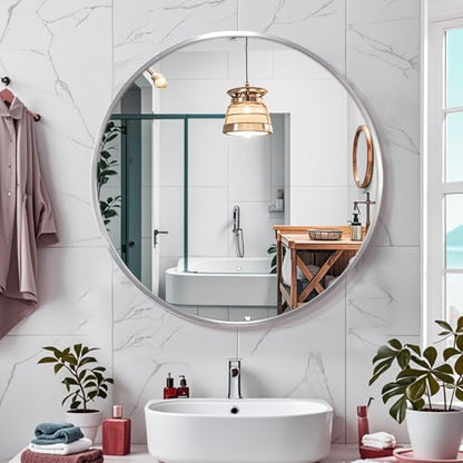 26inch Sliver Round Mirror,Aluminum Brush Framed,Wall Mounted Vanity Mirror,5MM Copper Free Mirror - size: 26"L x 26"W