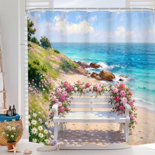 Ocean Floral Beach Wildflowers White Bench Bathroom Shower Curtain Set | Nautical Blue look; 72"W x 72"L. waterproof HD print, quick-dry fabric and free hooks for easy setup. - color: A-blue Green Bench, size: 72"W x 72"L (Pack of 1)