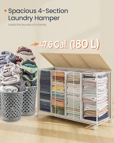 SONGMICS HOME Laundry Hamper with 4 Section, 180 L, Rattan, with Wheels | Rolling Clothes Basket with Lid, Removable Liner with Handles, Tan and White, PEZZO Collection ULCB603N01 - color: Natural Beige + Matte White, size: 180 L
