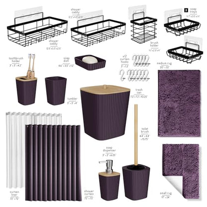 Clara Clark Bathroom Accessories Set - 27PC Bathroom Set with Adhesive Corner Shower Caddy Hanging, Bathroom Sets with Shower Curtain and Rugs, Purple Shower Curtain Set with Bathroom Trash Can | 27 Piece Purple Bathroom Sets with Shower Curtain and Rugs