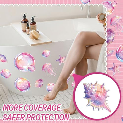 Whaline 30Pcs Bubble Non Slip Bathtub Stickers Adhesive Applique Decal Under the Sea Cartoon Bubble Shell Jellyfish Anti Slip Shower Tread with Scraper for Summer Bathroom Floor