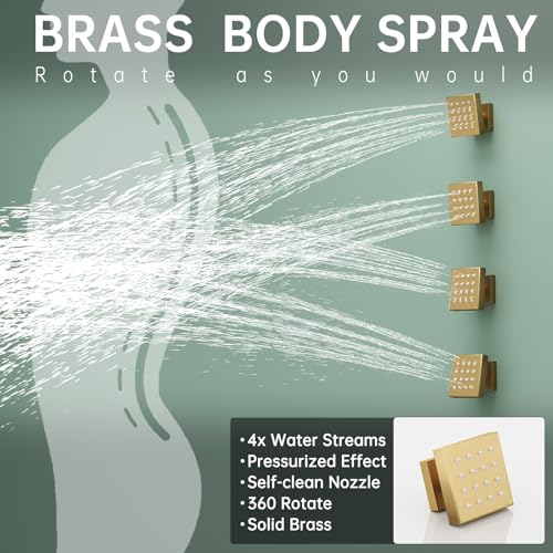 Hoimpro 12 Inch Rainfall Shower Faucet with 4 Full Body Shower Jet Fixtures Combo, Wall Mounted Shower System Set with Rain Mixer Shower Head and 2 in 1 Spray Handheld Showerhead, Brushed Gold - color: Brushed Gold