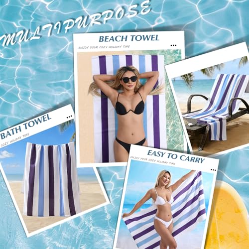 Beach Towel Set-4 Pack 30"x60" Sand Free Stripe Beach Towel for Pool,Bathroom,Soft Absorbent Quick Dry Lightweight Beach Bath Towel,Camping Blanket,Travel Towel,Beach Essentials for Adults,Plum/Blue - color: Plum/Blue