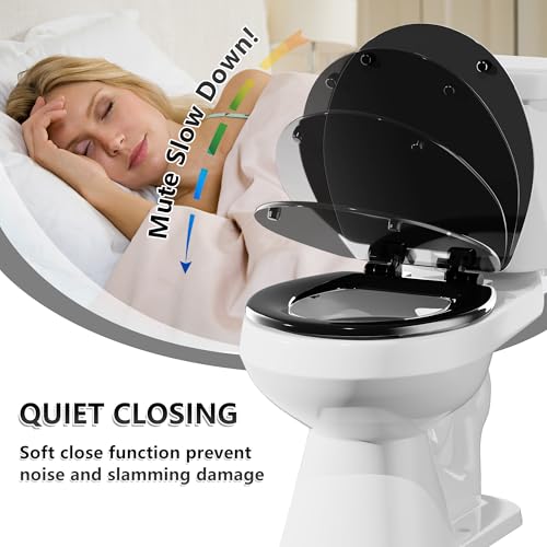 Angol Shiold Slow Close Wood Toilet Seat（Black, Round 16.5''） | Durable enameled wood round toilet seat, adjustable non-slip hinges, anti-pinch bumpers, easy to install and clean