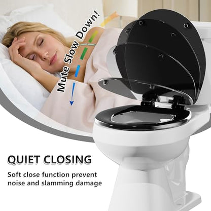Angol Shiold Slow Close Wood Toilet Seat（Black, Round 16.5''） | Durable enameled wood round toilet seat, adjustable non-slip hinges, anti-pinch bumpers, easy to install and clean