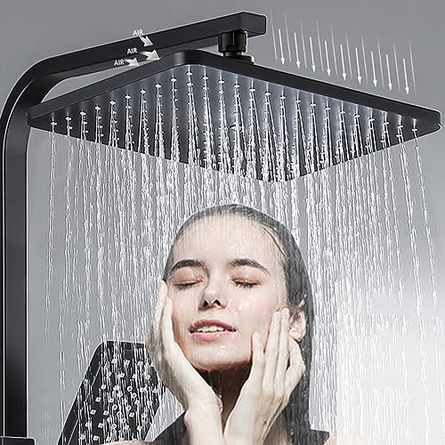 Thermostatic Shower Set Black Digital Display Rainfall Shower System, 4 Function Exposed Shower Faucet Set Brass Bathtub Faucet Wall Mounted Shower Fixture with Height Adjustable Shower Rod