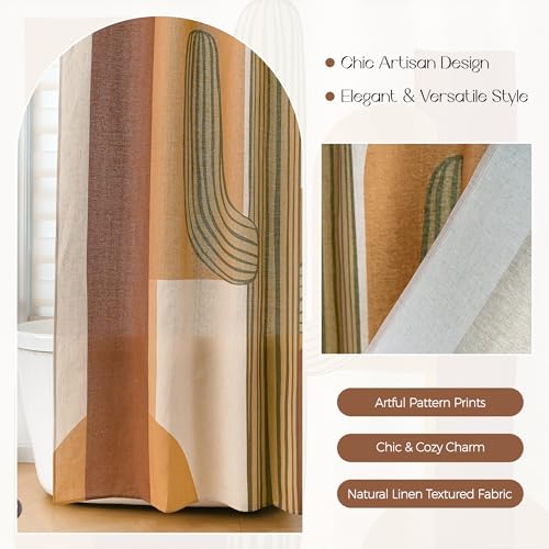 Tropical Cactus Linen Shower Boho Curtain Set with Liner,72" Wx72 L | Double Layer Shower Curtain Waterproof Fabric with Zippered Removable PEVA Liner,Boho Shower Curtain for Bathroom,Free Hooks - color: Orange Cactus