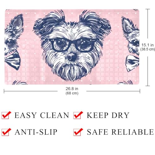 Dog Bows Glasses Tie on Pink Background Bath Tub and Shower Mats, Non Slip Bathmat with Drain Holes and Suction Cups for Bathroom Floor, 15.1 x 26.8 Inch - color: Multi 01