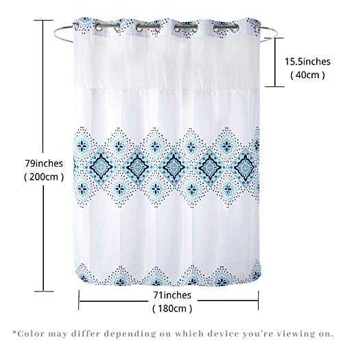 Long 71x79 Hotel Grade Fabric Hook Free Shower Curtain with Polyester Replacement Liner White&Blue Boho Style – Machine Washable Top See Through Mesh Window - color: White&blue, size: 71"W x 79"L (Pack of 1)