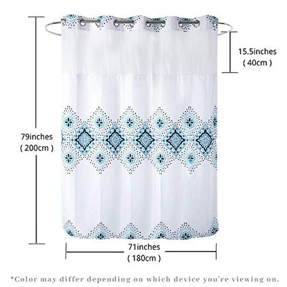 Long 71x79 Hotel Grade Fabric Hook Free Shower Curtain with Polyester Replacement Liner White&Blue Boho Style – Machine Washable Top See Through Mesh Window - color: White&blue, size: 71"W x 79"L (Pack of 1)