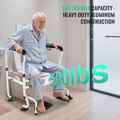 Toilet Safety Rails with Footrests, Adjustable Height & Width, Foldable Heavy Duty Toilet Safety Frame with Handles, Supports 500 lbs, Fits Most Standard Toilets-Suit for Elderly, Seniors & Disabled