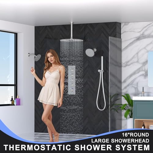 HOMEDEC 16inch Round Rain Shower Head System with Dual 6" Wall Shower Heads, 4 Way Diverter Valve with 2-Function Handheld Shower, Brushed Nickel - color: Brushed Nickel, style: 4-Way + 2x 6" Top (No Jets)