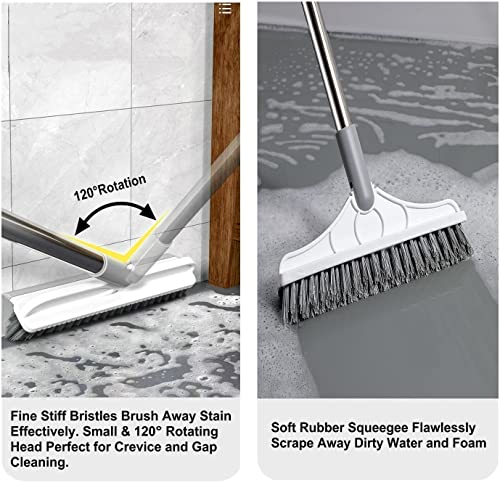 2 in 1 Cleaning Scrub Brush Grout Brush Scrape Floor Scrub Brush with Long Handle V-Shape Stiff Bristle Brush Scrubber with Squeegee 120°Rotating Shower Scruber for Cleaning Bathroom Glass Wall - color: White Color