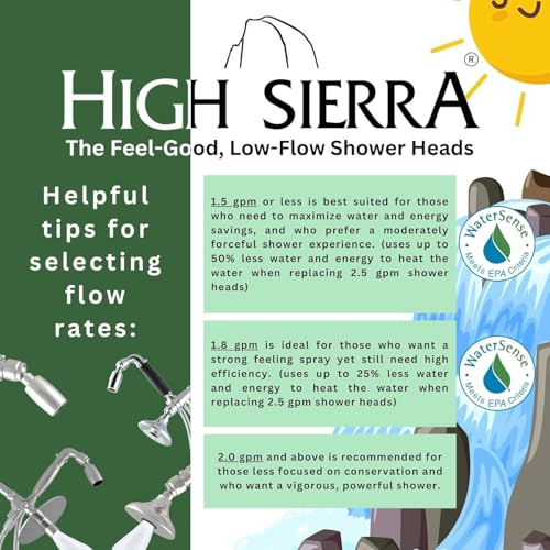 High Sierra® Solid Lead-Free Metal Handheld Shower Head, Built-in Trickle Valve, Patented single Nozzle Never Clogs. Shower Hose and Holder Not Included. Ultra Low Flow 1.5 GPM. Polished Brass - color: Brass, size: 1.5 GPM