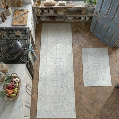 2'x3'+2'6''x8' Blue 2-Piece Kitchen Rug Set with Runner | Floral, Soft, Entryway, Hallway, Bathroom - color: Blue, size: 2' x 8' (Rug Set)