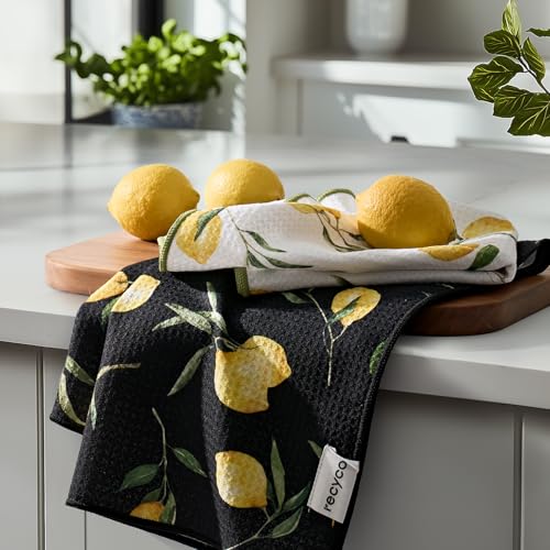 RECYCO Waffle Kitchen Towel Set of 2 - Quick Dry Microfiber Sustainable Dish Towels - Ultra Absorbent Reusable Cleaning Tea Towels - Lightweight Hand Towels,16”x 28”, Lemon Grove - color: Lemon Grove