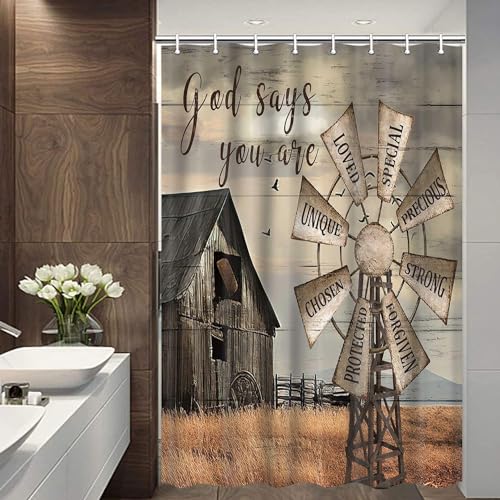 Western Barn Windmill Shower Curtain Sets for Bathroom, Rustic Inspirational Quotes Country Vintage Shower Curtains, Waterproof Farmhouse Bathroom Bathbub Decor Curtains with Hooks, 48X70IN - color: Pattern 3, size: 48"W x 70"L (Pack of 1)
