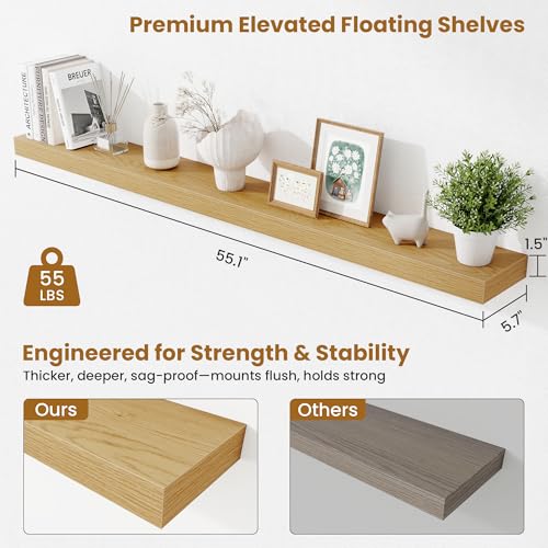 Fun Memories 55 Inch Floating Shelves Bedroom, Large Extra Floating Shelf Set of 2 with Invisible Brackets, Oak - color: Oak, size: 55"
