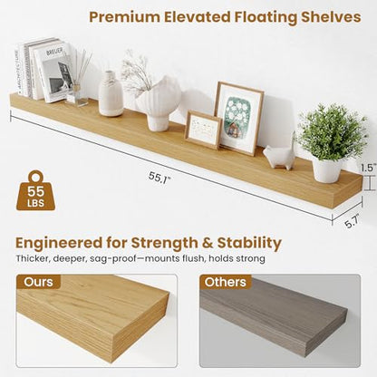 Fun Memories 55 Inch Floating Shelves Bedroom, Large Extra Floating Shelf Set of 2 with Invisible Brackets, Oak - color: Oak, size: 55"
