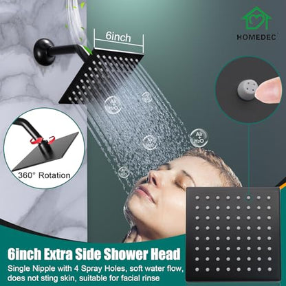 HOMEDEC Multi-Function Shower System with LED 14x20inch and Dual 6" Shower Heads, 5 Way Thermostatic Diverter Valve Shower Faucet Set, Black - color: Black, style: 5-Way + 2x 6" Top