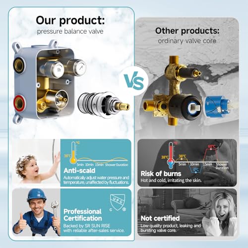 SR SUN RISE 100℉ Brushed Brushed Nickel Shower System,12 Inch | Luxury Rainfall Shower Head,High-Pressure Handheld Shower,Soild Brass,Wall Mount,Valve and Trim Kit Included - color: Brushed Nickel, style: 12"