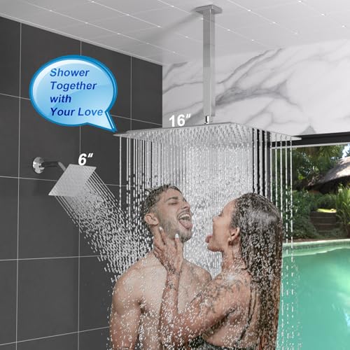 Enga Thermostatic Dual Head Shower System, 16 Inch Ceiling Mount Shower Head with 6 Inch Wall Mount Shower Head Shower Faucet Set, All Functions Can Operate Simultaneously, Chrome - color: Chrome, style: ‎16"+6" Head
