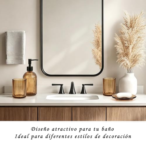 4Pcs Glass Bathroom Accessories Set, Amber Bathroom Set Glass Bathroom Decor Set with Complete Lotion Soap Dispenser, Toothbrush Holder, Mouthwash Cup, Soap Dish for Home Apartment