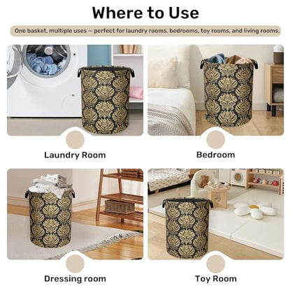 Gold Black Damask Flowers Laundry Basket - Extra Large Foldable Washable Laundry Hamper with Handles, Storage Bin for Bathroom/Laundry/Bedroom/Dorm - color: Golden Damask Flowers