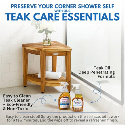 EcoDecors 18” Teak Corner Shower Stool –Waterproof Bench, Space-Saving Bathroom Seat | Compact Teak Shower Stool for Inside Shower | Sturdy 300 Pound Capacity with Shelf & Adjustable Feet | Corner teak shower bench supports up to 350 lb with adjustable no