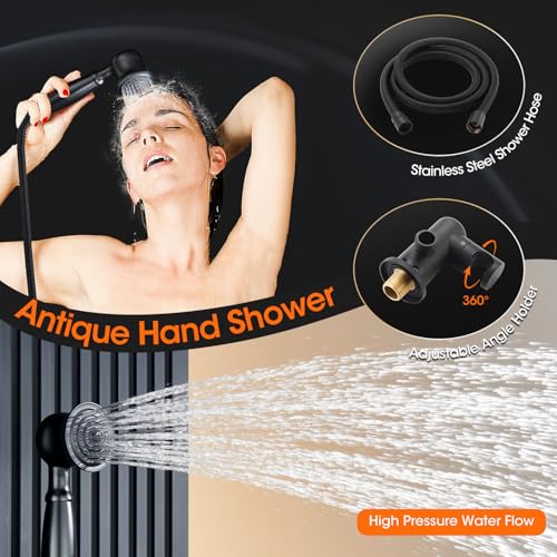 Rainfall Shower System Shower Faucet Set, Luxury, Antique, Matte Black | 9 Inch Shower Head and Handheld Spray, Pressure Balance Valve, Wall Mounted, Bathroom, Shower Trim Kit - color: Matte Black, style: With Handheld