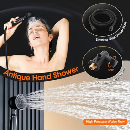 Rainfall Shower System Shower Faucet Set, Luxury, Antique, Matte Black | 9 Inch Shower Head and Handheld Spray, Pressure Balance Valve, Wall Mounted, Bathroom, Shower Trim Kit - color: Matte Black, style: With Handheld