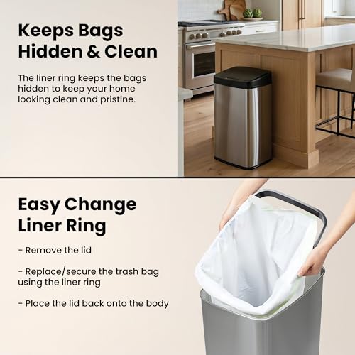 Ninestars 13 Gallon Automatic Trash Can, 50L Touchless Motion Sensor Garbage Can with Odor-Sealing Lid, Rectangular Stainless Steel, Black Trim - color: Black Trim