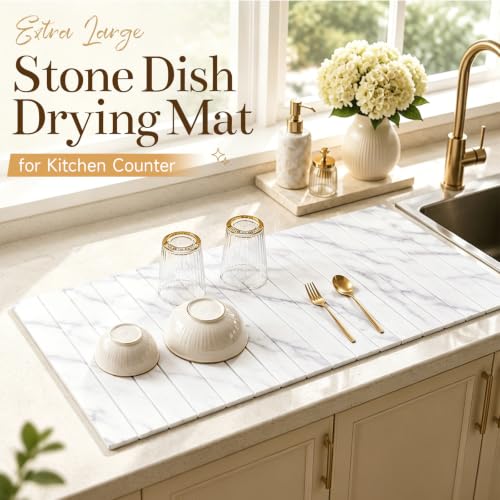32"×16" Large Stone Dish Drying Mat for Kitchen Counter, White | Long Foldable Diatomaceous Earth Bath Mat, Super Absorbent Quick Drying Mat for Kitchen, White Marble