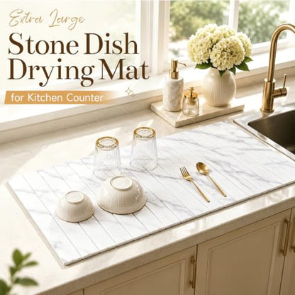 32"×16" Large Stone Dish Drying Mat for Kitchen Counter, White | Long Foldable Diatomaceous Earth Bath Mat, Super Absorbent Quick Drying Mat for Kitchen, White Marble