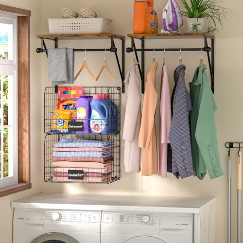 Laundry Room Shelves Wall Mounted with Wire Baskets, Over the Washer and Dryer Shelf with Clothes Drying Rack, Wire Shelves Baskets for Laundry Closet Organization and Storage, Wood+Metal, Black - color: Black