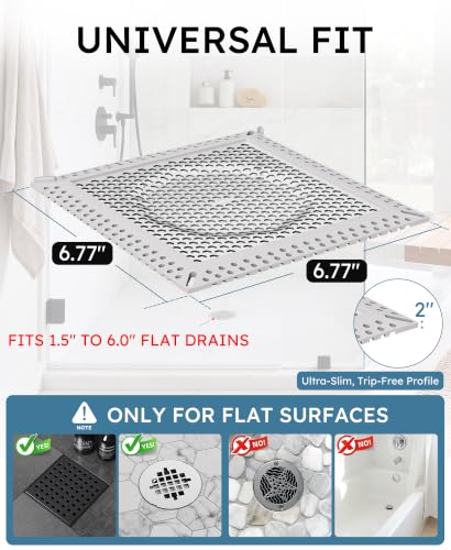 Square Shower Drain Hair Catcher, Efficient Drainage, Gray, 6 inch | 304 Stainless Steel and TPE Material/ Stays in Place / Easy Clean / Anti-Clogging / Fits Bathroom Hair Catcher for Shower - color: Gray, size: 6 inch