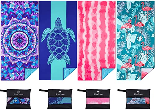 Microfiber Beach Towel with Bag Oversized 71x32 Sand Free 4 Pack | Thin Lightweight Extra Large Towels for Adults Pool Swim Yoga Gym Camping Travel Essentials Accessories Vacation Gift Women - color: 4 Pack Blue and Red Multi