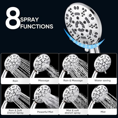 Cobbe 8-Setting Handheld Shower Head, Water-Saving Design, Chrome | Trickle Pause Mode, 5ft Stainless Steel Hose, Brass Swivel Bracket, Tool-Free Installation - color: Chrome