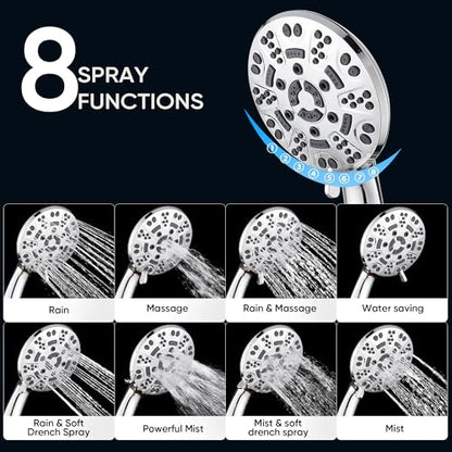 Cobbe 8-Setting Handheld Shower Head, Water-Saving Design, Chrome | Trickle Pause Mode, 5ft Stainless Steel Hose, Brass Swivel Bracket, Tool-Free Installation - color: Chrome