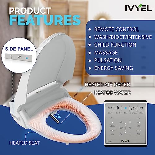 J-2R Smart Electric Bidet for Toilet Seat,Fits Round toilet,Warm water,Heated bidet toilet seat,Remote Control,Heated Dryer, hild Function,Stainless Steel Self-Cleaning Nozzle,LED Night Light - size: Round w/Remote