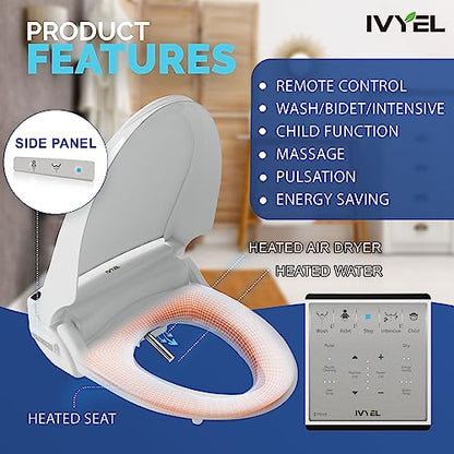 J-2R Smart Electric Bidet for Toilet Seat,Fits Round toilet,Warm water,Heated bidet toilet seat,Remote Control,Heated Dryer, hild Function,Stainless Steel Self-Cleaning Nozzle,LED Night Light - size: Round w/Remote