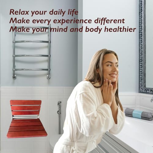 Folding Shower Seat Wall Mounted Shower Bench Teak Folding Shower Chair Wood Seat 316 Stainless Steel Frame Fold Down Shower Seat Reddish Brown 600 lbs,1 Pack - color: Reddish Brown