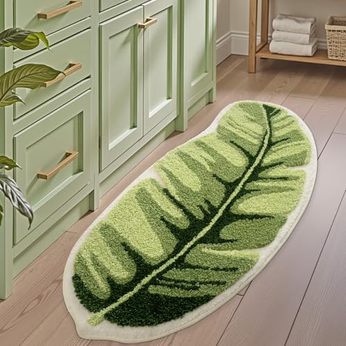 LUMI Cute Bathroom Rug Green Leaf, Absorbent Non Slip Bath Mat, 19.5"x39.5" | Palm Leaf Plant, Soft Plush Microfiber, Quick Dry, Washable for Shower Floor, Bathroom, Sink Bathtub, Bedroom, Kids Room - color: Ample Palm Leaf