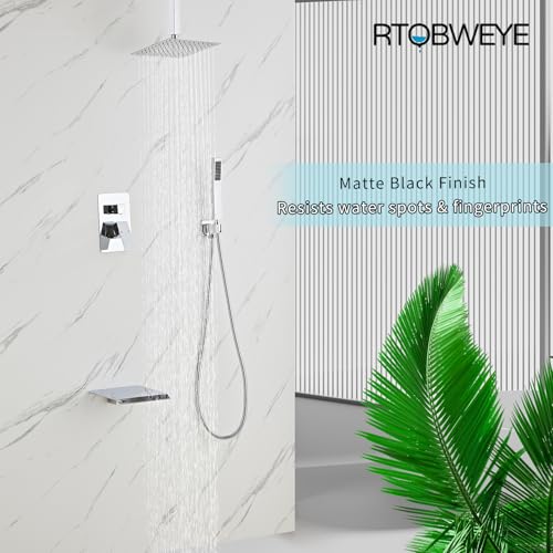10 Inch Shower Faucet Set, Ceiling Mounted Rainfall Shower System with High Pressure Handheld Shower Head, Bathroom Mixer Rough-in Valve and Trim Shower Kit, Polished Chrome, with Tub Spout - color: Sliver, style: 10 Inch