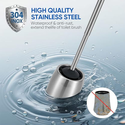SUS304 Stainless Steel Toilet Brush and Holder Set Stain Nickle 12In Handle BristlesToilet Bowl Brush Cepillo para Baños Bathroom Brushes Cleaning Brush with Case Anti-Rust Brushed Silver