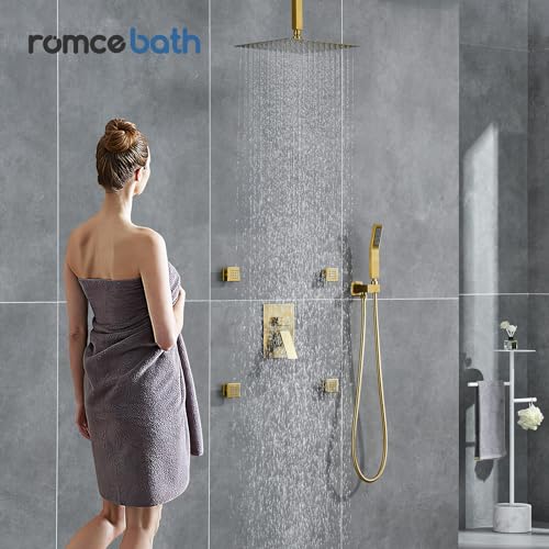 Rain Shower System With Complete 4 Pcs Body Sprays Jets And Pressured Balance Rough-in Valve,12Inch Rainfall Shower Head And Handheld, Modern Brushed Gold Ceiling Mount Shower Faucet Sets - color: Brushed Gold, style: Ceiling-Mount 4 Jets