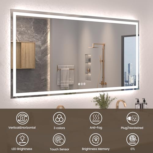 Snowdool 72 x 36 in LED Bathroom Mirror, Front and Backlit, Anti-Fog | Front and Backlit, 3 Color Temperatures, Anti-Fog, Tempered Glass - size: 36"L x 72"W