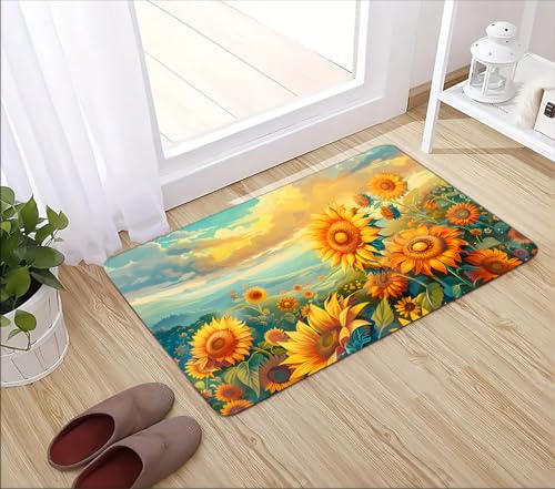 Memory Foam Bath Mat Flannel Absorbing Water Floor Carpet 29x17 in | Anti-slip and Soft Water Absorbing Carpet Suitable for Bathroom Kitchen Entrance Laundry Room - color: Sunflower Field, size: 1'5" x 2'5" (Rectangular)